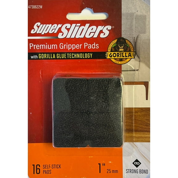 Super Sliders With Gorilla Glue Technology. 1 inch Square Black Rubber Gripper Pads. 16PC.