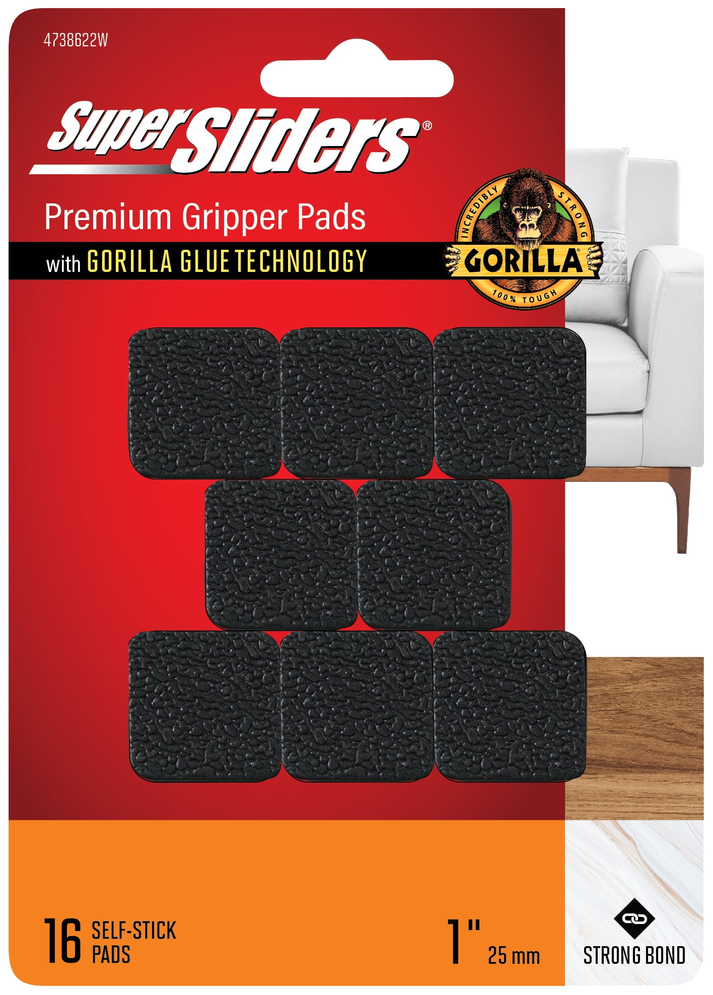 Super Sliders With Gorilla Glue Technology. 1 inch Square Black Rubber Gripper Pads. 16PC