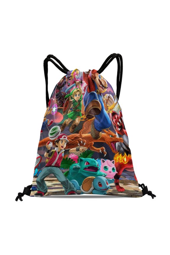 Super Smash Bros Gym Drawstring Backpack:Waterproof design, ideal for hiking, yoga, swimming, travel, beach, and shopping, measuring 15.7*17.7 inches.