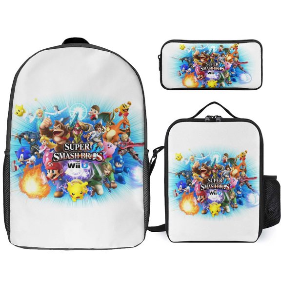 Super Smash Bros Ultimate 3 Piece Backpack Set with Lunch Bag Pencil Case, High Capacity Bookbag with Lunch Box Pen Box for Man Women Workplace Travel
