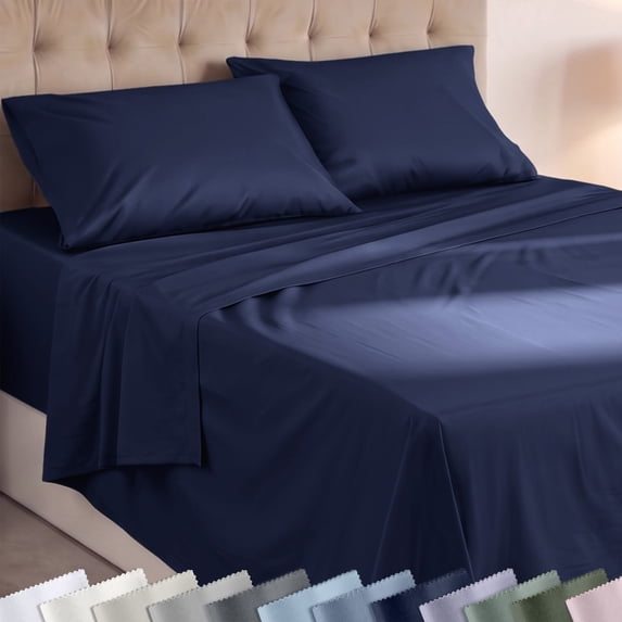 Soft 100% Cotton Deep Pocket Full Size Sheets Set - Breathable & Lightweight, Suitable for Hot Sleepers, Minimal Wrinkles - Navy Blue