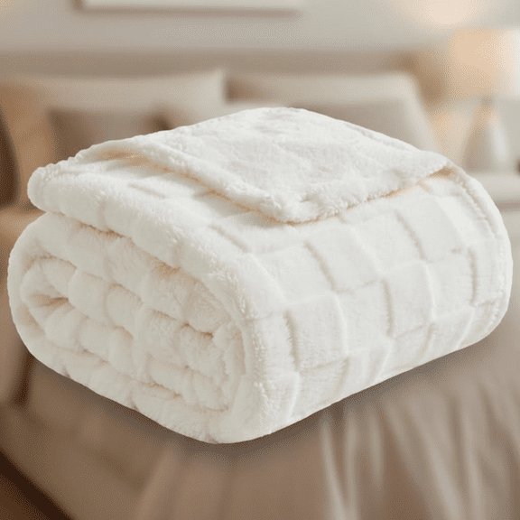 Super Soft 3D Checkered Fleece Throw Blanket, Premium Silky Flannel for All Seasons, Lightweight and Cozy Bed Blanket in Ivory (50x70 Inches)