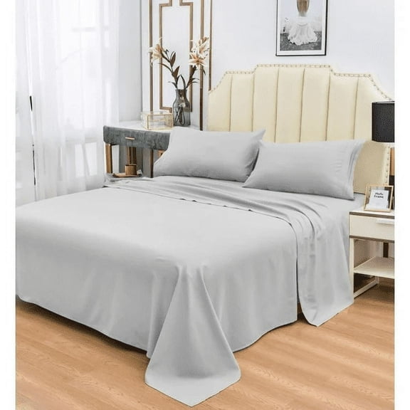 Super Soft Bamboo Bed Sheet Sets, 1800 Thread Count, Hypoallergenic and Machine-Washable, Light Gray 4 Piece Set