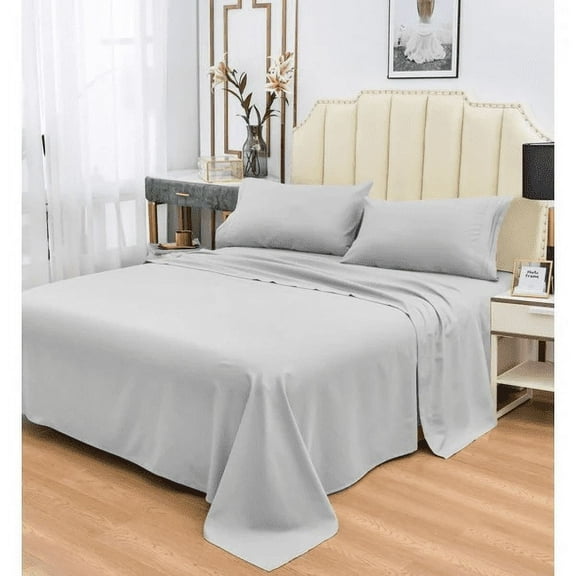 Super Soft Bamboo Bed Sheet Sets, 1800 Thread Count, Hypoallergenic and Machine-Washable, Light Gray 4 Piece Set