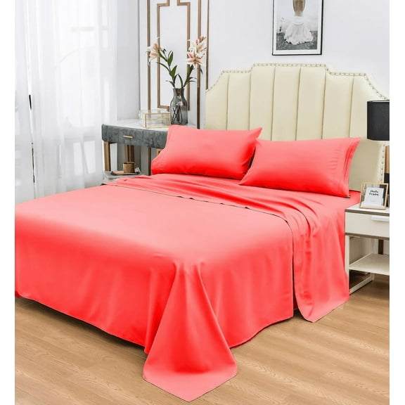 Super Soft Bamboo Bed Sheet Sets, 1800 Thread Count, Hypoallergenic and Machine-Washable, Soft Red 4 Piece Set