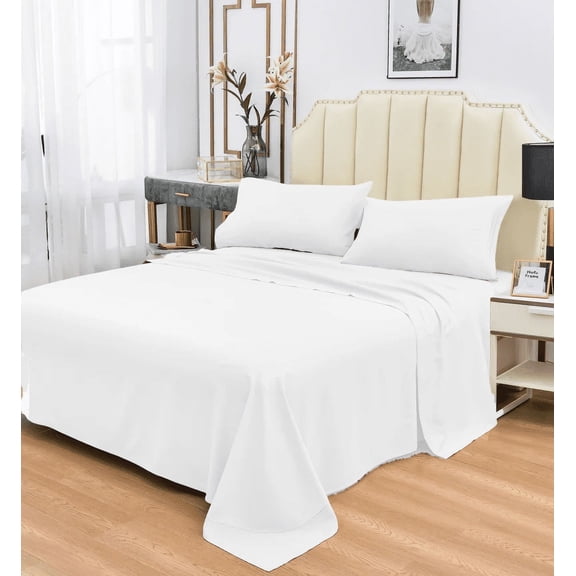 Super Soft Bamboo Bed Sheet Sets, 1800 Thread Count, Hypoallergenic and Machine-Washable, White 4 Piece Set