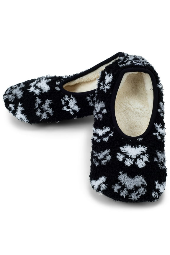 Super Soft Black and White Pawprint Medium (7.5-9) Slip Resistant Women's Slippers