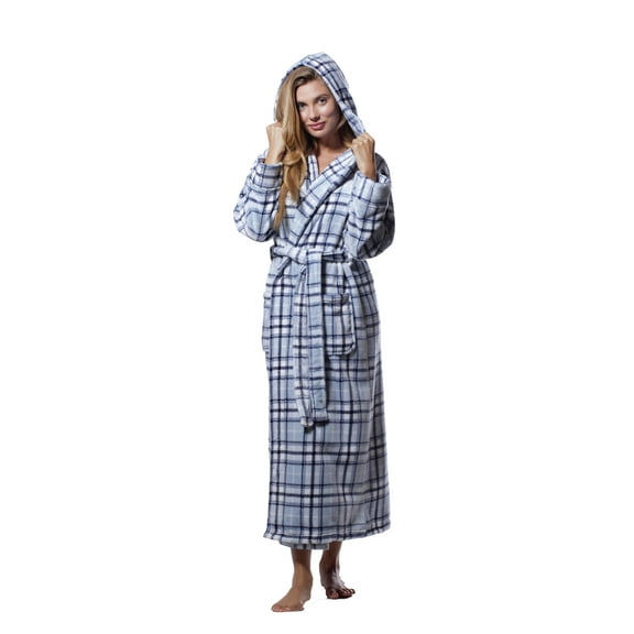 Super Soft Blue Plaid Plush Hooded Women's Robe