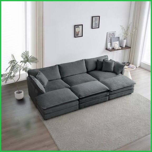 Super Soft Chenille 6-Seater Reversible Modular U-Shaped Sectional Sofa with 3 Ottomans & 5 Pillows for Living Room