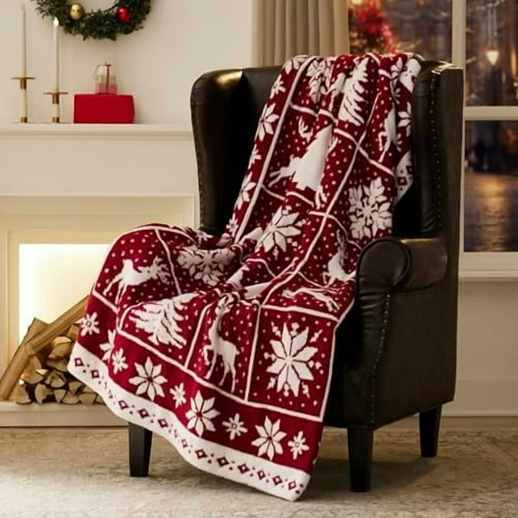 Super Soft Christmas Throw Blanket for Couch Bed Living Room Decor, Fuzzy Fluffy Fleece Cozy Like Chenille, Cute Tree Deer Snow Pattern, Thick and Warm for Winter, Red and White, Small 50x60 inch
