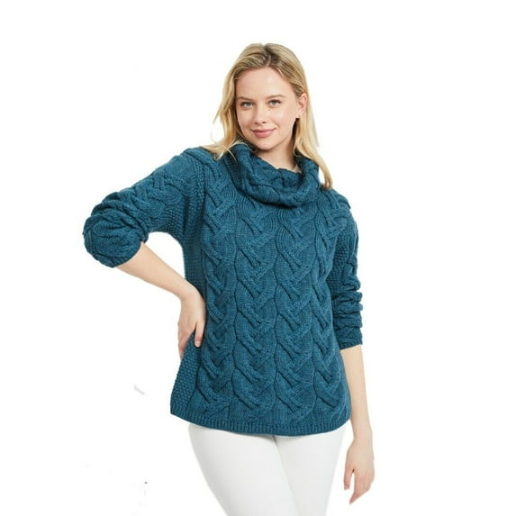 Super Soft Chunky Cable Cowl Neck Blue Sweater For Women Size X-Large Made By Aran Woollen Mills