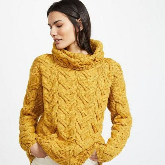 Super Soft Chunky Cable Cowl Neck Yellow Sweater For Women Size X-Large Made By Aran Woollen Mills