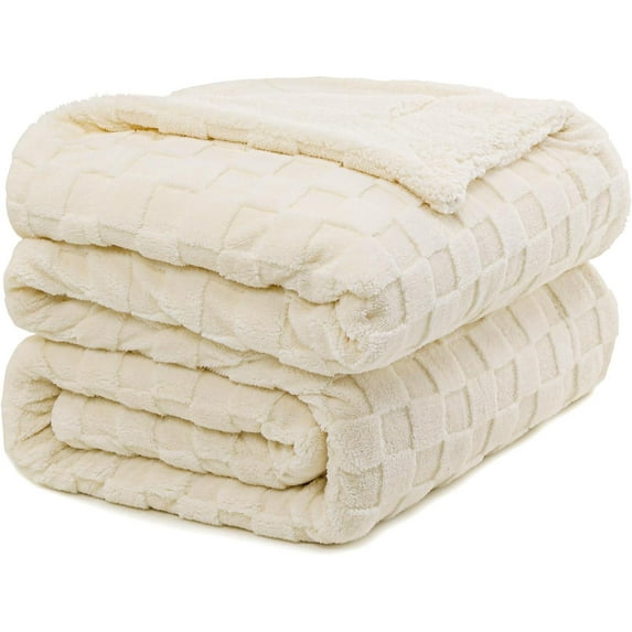 Super Soft Cozy Throw Blanket Queen Size for Couch Bed, Fluffy Sherpa Fleece Reversible Thick Warm Fuzzy Blanket for All-Season, 3D Checkered Jacquard Decorative Blankets, Cream White, 90"x90"