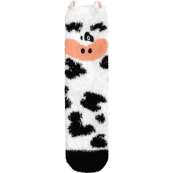 Super Soft Cozy Warm Cute Animal Non-Slip Fuzzy Crew Winter Socks, 1 Pair Cow
