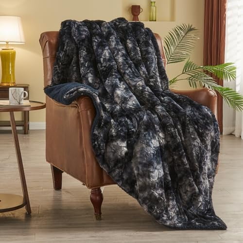 Super Soft Faux Fur Throw Blanket for Couch Tie-dye Black Sherpa Fuzzy Plush Warm Blanket for Sofa Bed (Tie-dye Black, Throw(40"x50"))