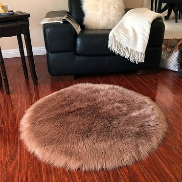 Super Soft Faux Sheepskin Silky Shag Rug, Camel 18" Round