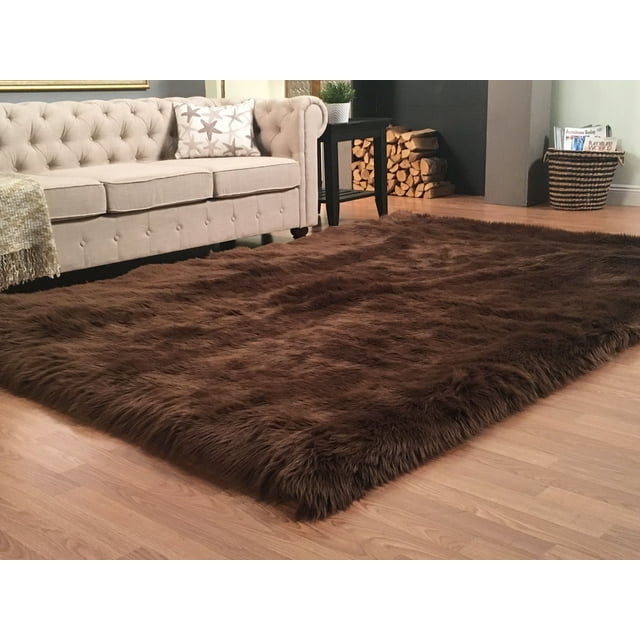 Super Soft Faux Sheepskin Silky Shag Rug Rectangular, Brown 10'x14