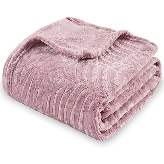 Super Soft Flannel Fleece Bed Blanket, Lightweight Cozy Warm Leaves Textured Plush Blanket as Bedspread Coverlet Bed Cover for All Seasons, 90 x 90 Inches, Dusty Rose