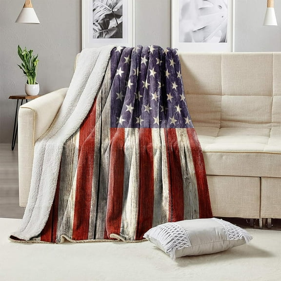 Super Soft Flannel Fleece Throw Blanket, Lightweight Sherpa Blankets Comfortable Bed Throws 3D Printed Blanket for Couch/Chair/Sofa/Bed/Dorm/Bedroom/Home (Wood Plank American Us Flag)