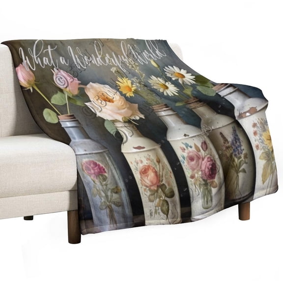 Super Soft Flannel Fleece Throw Blanket With Flower Decor And I Think To Myself What A Wonderful World(1) Great for Sofas, Couches, Beds, Camping, and Travel 30"x40"