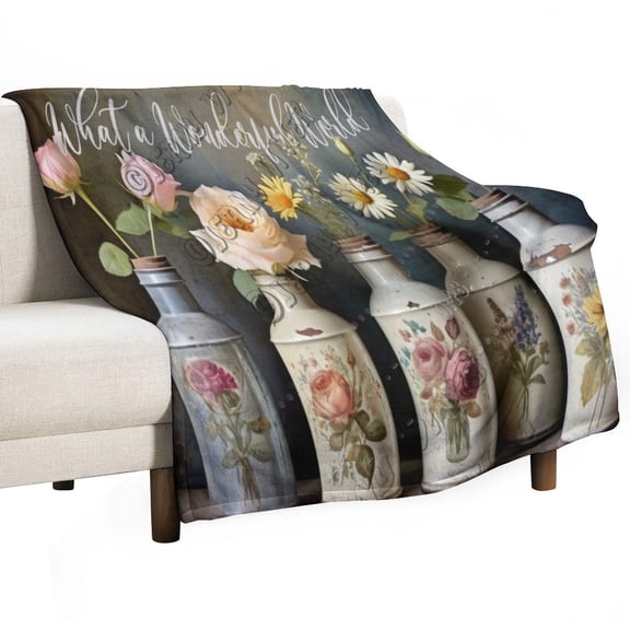 Super Soft Flannel Fleece Throw Blanket With Flower Decor And I Think To Myself What A Wonderful World(1) Great for Sofas, Couches, Beds, Camping, and Travel 50"x60"