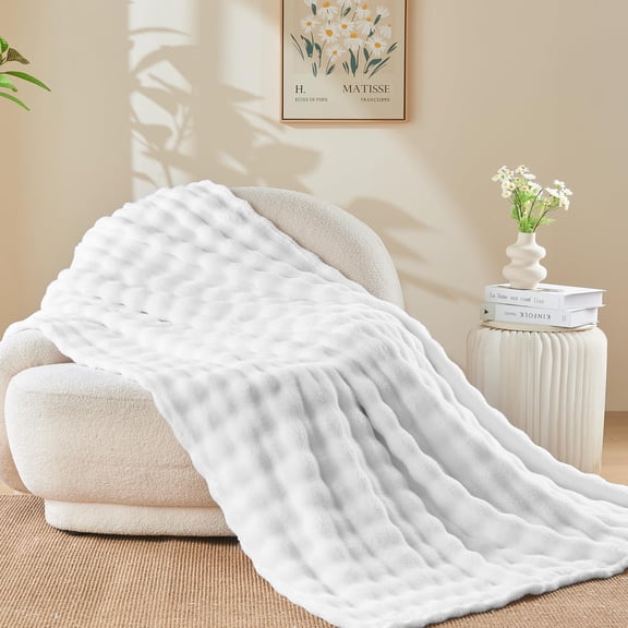 Super Soft Flannel Fleece Throw Blanket for Couch Ivory Lightweight 3D Bubble Design All Season Use 50x60 Inches