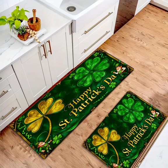 Super Soft Flannel Shamrock Gnome Coin Non-Slip Floor Mat, Machine Washable Durable Carpet for Living Room Bedroom Kitchen Office Decor