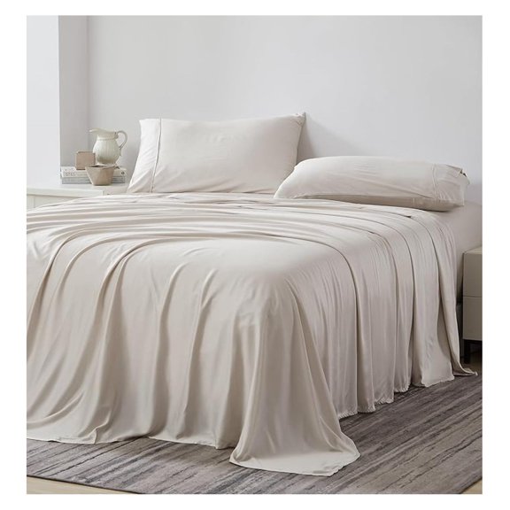 Super Soft Full Size Sheet Set, Tencel/Cotton Blend, Breathable 4-Piece Deep Pocket Sheets Set, Full Size with Fitted Bedsheet, Oversized Flat Sheet, 2 Pillowcases; Bone