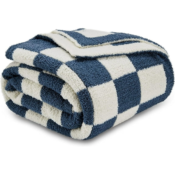 Super Soft Fullfy Microfiber Reversible Knitted Blankets, Warm Cozy Fuzzy Plush Throw, Dusty Blue and White Checkered Throw Blanket for Couch Bed Sofa, 50" x 60"