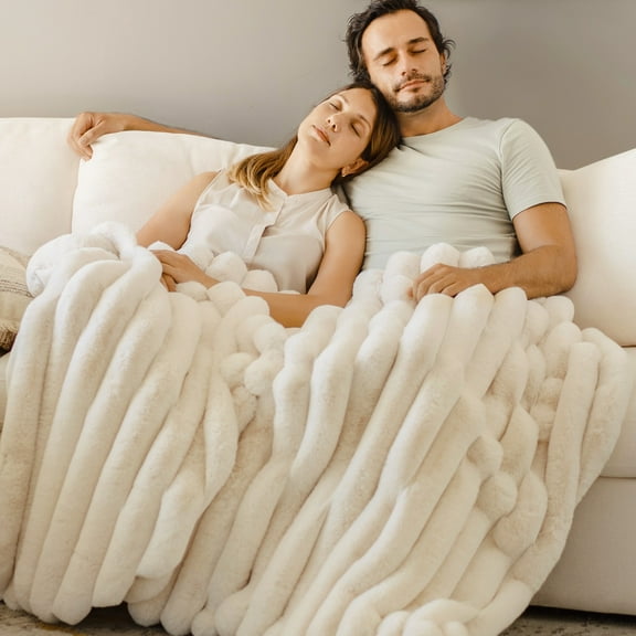 Luxury Soft Fuzzy Faux Fur Ivory 3D Striped Thick Throw Blanket for Bed, Warm & Lightweight, 50" x 60"