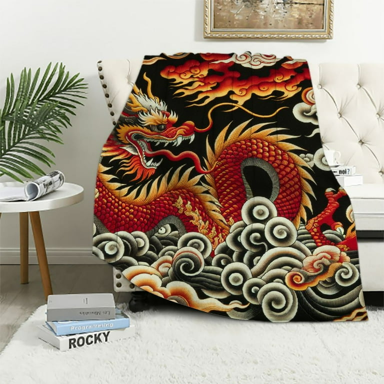 Super Soft Korean Mink Style Blanket Red Dragon Chinese Design