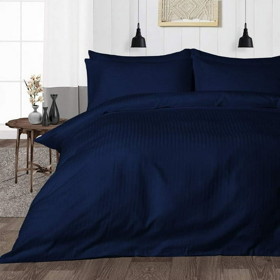 Super Soft & Luxury Duvet Cover Set 3 Piece -600 Thread Count, 1 Duvet Cover with Zipper Closure & 2 Pillow Cover, 100% Egyptian Cotton Comforter Cover-Navy Blue Stripe, King Size