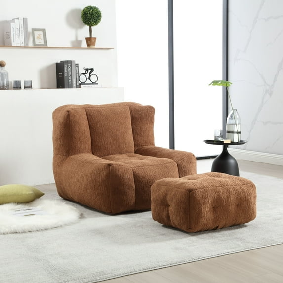 Super Soft Memory Foam Bean Bag Chair with Ottoman, High-Density Foam Support for All Ages, Modern Design for Living Room & Bedroom, Lightweight & Portable, Brown