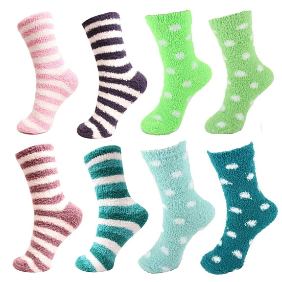 Super Soft Microfiber Comfy Cozy Fun Fluffy Furry Plush Warm Fuzzy Colorful Bed Lounge Striped Polka Dot Slipper Socks - 8F - 8 Pair Value Pack