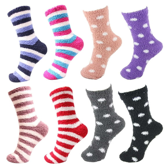 Super Soft Microfiber Comfy Cozy Fun Fluffy Furry Plush Warm Fuzzy Colorful Bed Lounge Striped Polka Dot Slipper Socks - 8G - 8 Pair Value Pack