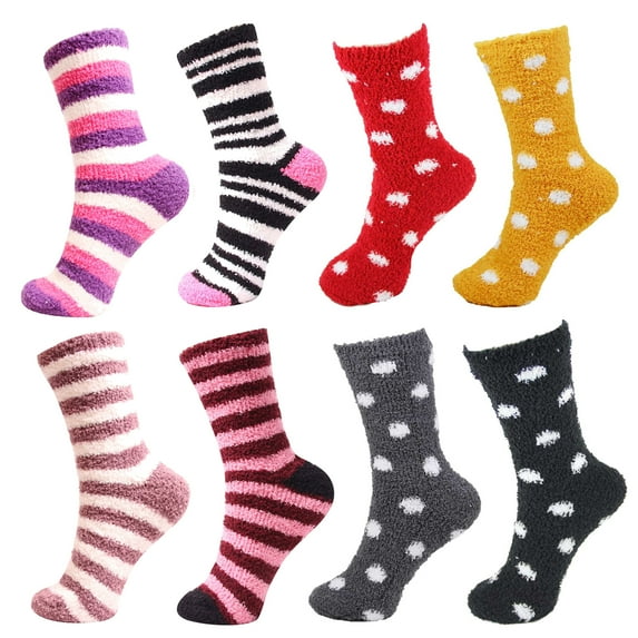 Female Microfiber Colorful Striped Polka Dot Slipper Socks - 8H - Size(4-10) - 8 Pair Value Pack