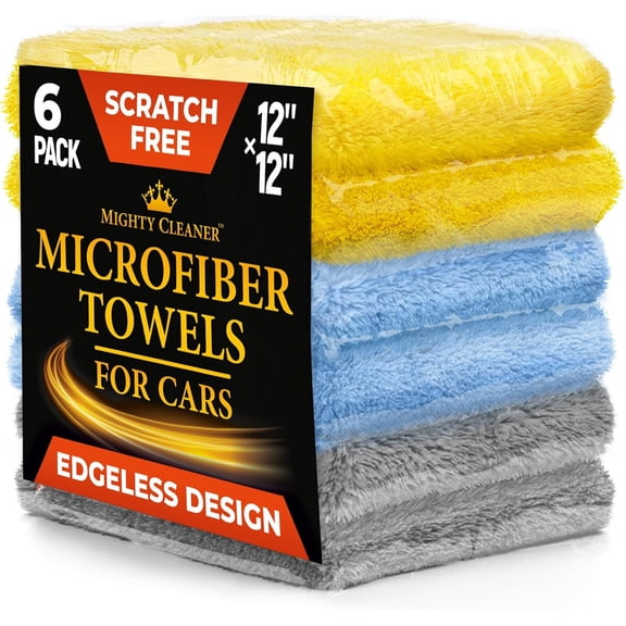 Super Soft Microfiber Towels for Cars - Edgeless - 6pk (12x12) - Premium Scratch-Free Towel - Great for Drying, Detailing, Polishing, Buffing - Ultra Absorbent Microfiber Cleaning Cloths for Car