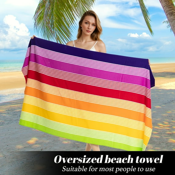 Super Soft Oversized Rainbow Striped Beach Towel-Bright Rainbow Color, Quick-Drying Microfiber, Strong Wrap Design, Suitable for Beach and Pool Use, Beach