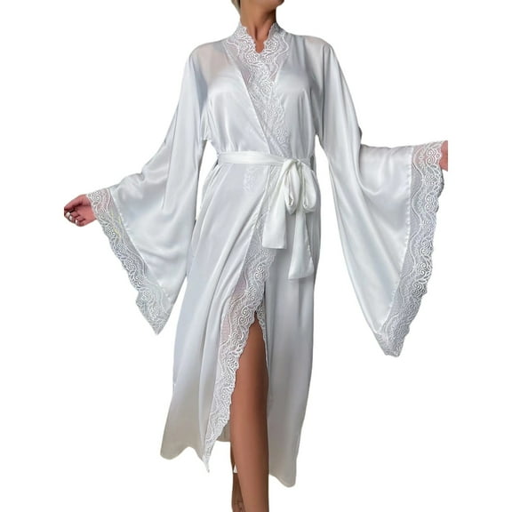 Super Soft Pajamas for Women Women's Robes Bride Long Satin Kimonos Bathrobe Lace Patchwork Bridesmaid Wedding Party Sleepwear Nightgowns White L