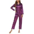 thumbnail image 1 of Super Soft Pajamas for Women Women's Summer Classic Sleepwear Button Long Sleeve Tops with Pants Satin Silk Pajama Set Pajama Set Women Purple S, 1 of 5