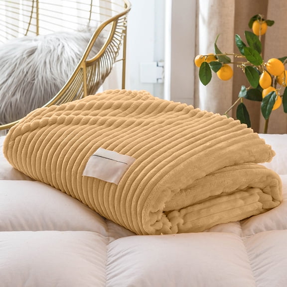 Super Soft Queen Blanket Khaki Premium Silky Flannel Fleece 3D Ribbed Jacquard Lightweight Bed Blanket All Season Use (Khaki Ribbed, Queen(71"x79"))