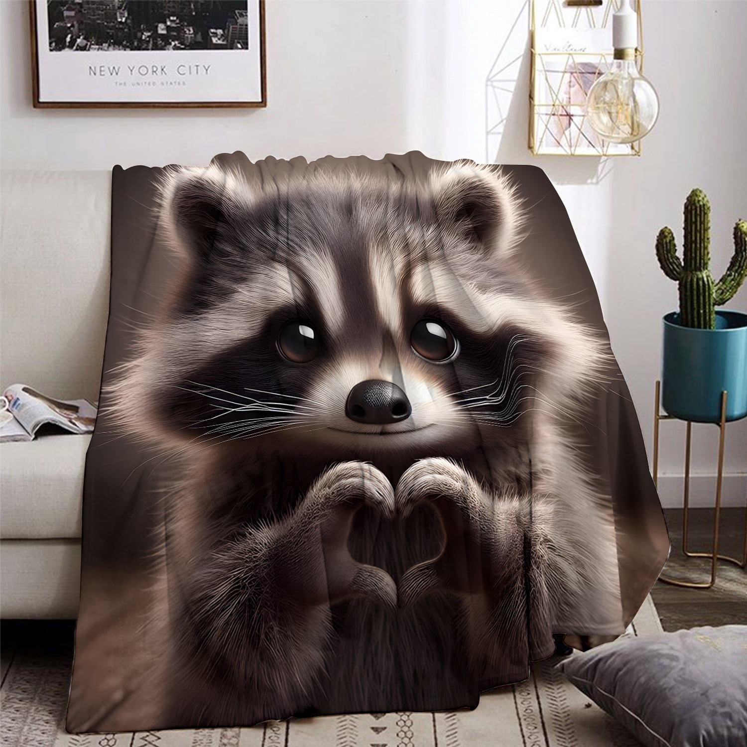 Super Soft Raccoon Heart Design Flannel Blanket - Cozy All-Season Throw for Sofa, Bed & Naps, Contemporary Style Mixed Colors