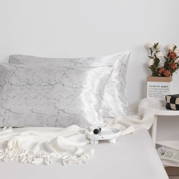 Super Soft Satin Pillowcase Set of 2, Hair-friendly Satin Pillow Case with Envelope Closure, King Size, 20 x 36 inches, White Marbling