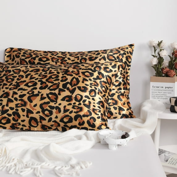 Super Soft Satin Pillowcase Set of 2, Hair-friendly Satin Pillow Case with Envelope Closure, Standard Size, 20 x 26 inches, Yellow Leopard