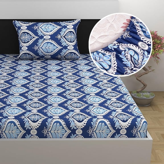 Super Soft Single Fitted Bedsheet With 1 Pillow Cover | 57 X 78 + 6 Inches, Blue & White - Perfect For Use In Bedrooms, Guest Rooms, Dormitories