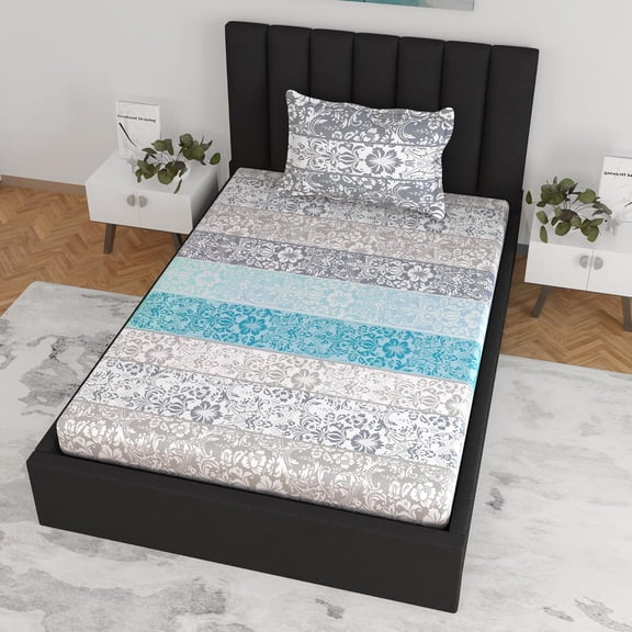 Super Soft Single Fitted Bedsheet With 1 Pillow Cover | 57 X 78 + 6 Inches, Grey & Sky Blue - Perfect For Use In Bedrooms, Guest Rooms, Dormitories