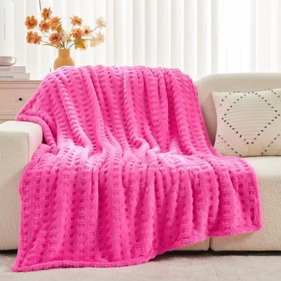 Super Soft Throw Blanket Pink Premium Silky Flannel Fleece 3D Waffle Checkered Lightweight Bed Blanket All Season Use (Hot Pink, Throw(50"x70"))