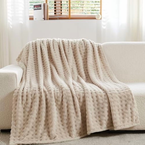 Super Soft Twin Blanket Linen Premium Silky Flannel Fleece 3D Waffle Checkered Lightweight Bed Blanket All Season Use (Linen, Twin(60"x80"))