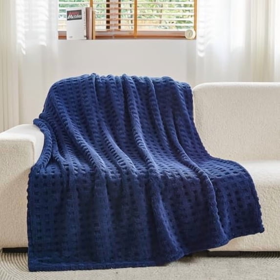 Super Soft Twin Blanket Navy Premium Silky Flannel Fleece 3D Waffle Checkered Lightweight Bed Blanket All Season Use (Dark Navy, Twin(60"x80"))