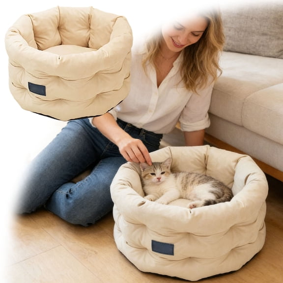 Super Soft Velvet Cuddle Cup Pet Bed - Round High-Sided Cat & Small Dog Bed with Non-Skid Bottom, Durable, Comfortable, and Machine Washable
